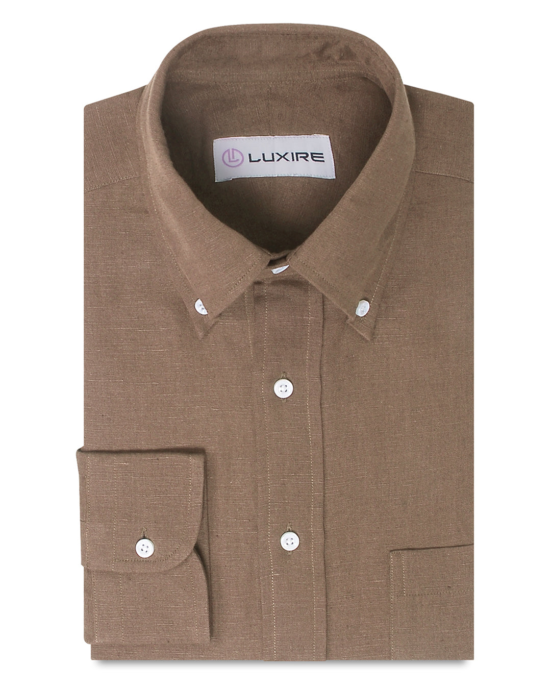 Front of the custom linen shirt for men in light brown by Luxire Clothing