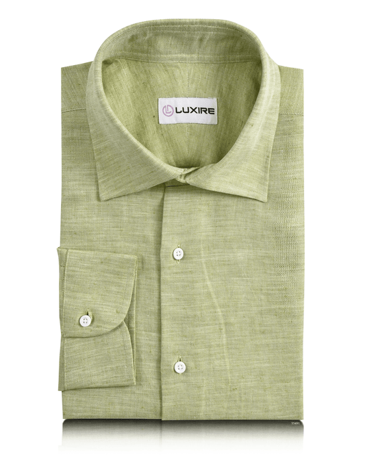 Front of the custom linen shirt for men in light green chambray by Luxire Clothing