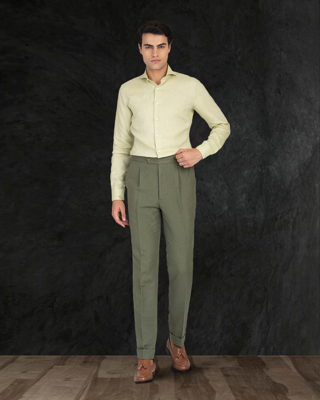 Model wearing the custom linen shirt for men in light olive green by Luxire Clothing 2