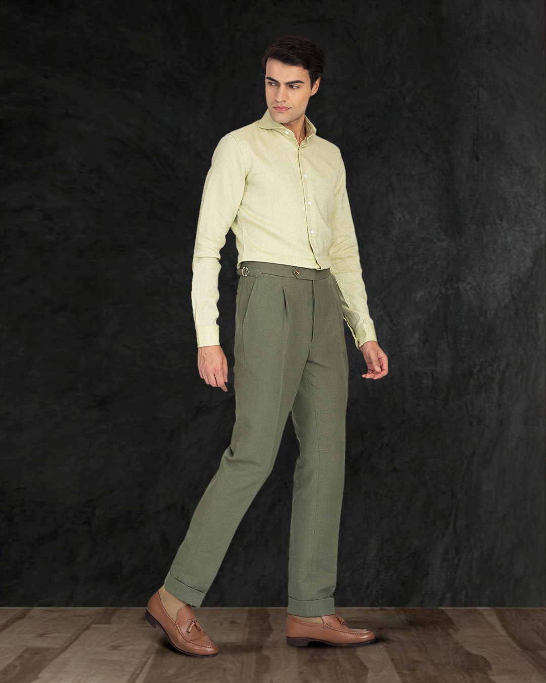 Model wearing the custom linen shirt for men in light olive green by Luxire Clothing 6