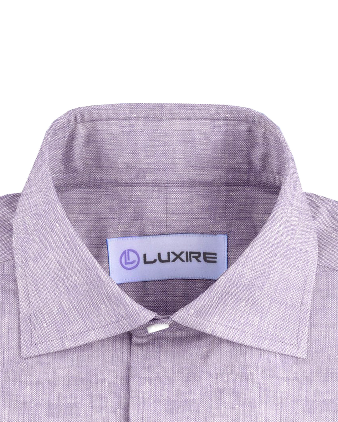 Collar of the custom linen shirt for men in light purple by Luxire Clothing