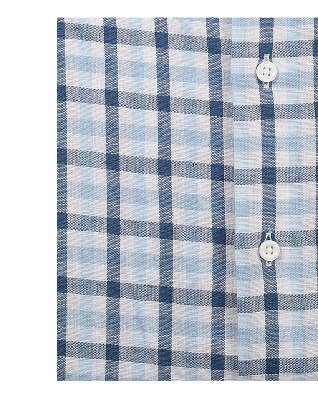 Close up of the custom linen shirt for men in shades of blue checks by Luxire Clothing