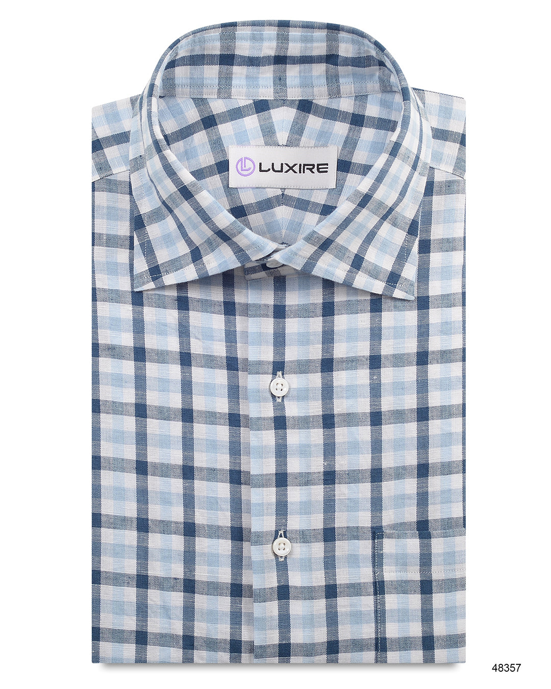 Front of the custom linen shirt for men in shades of blue checks by Luxire Clothing