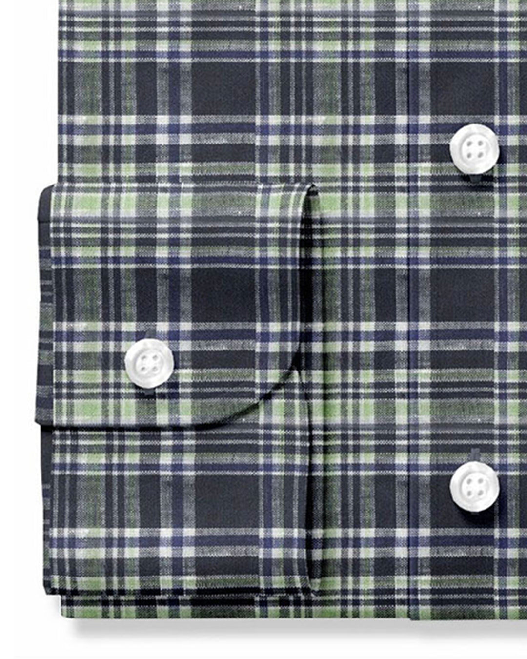Cuff of custom linen shirt for men in navy green checks