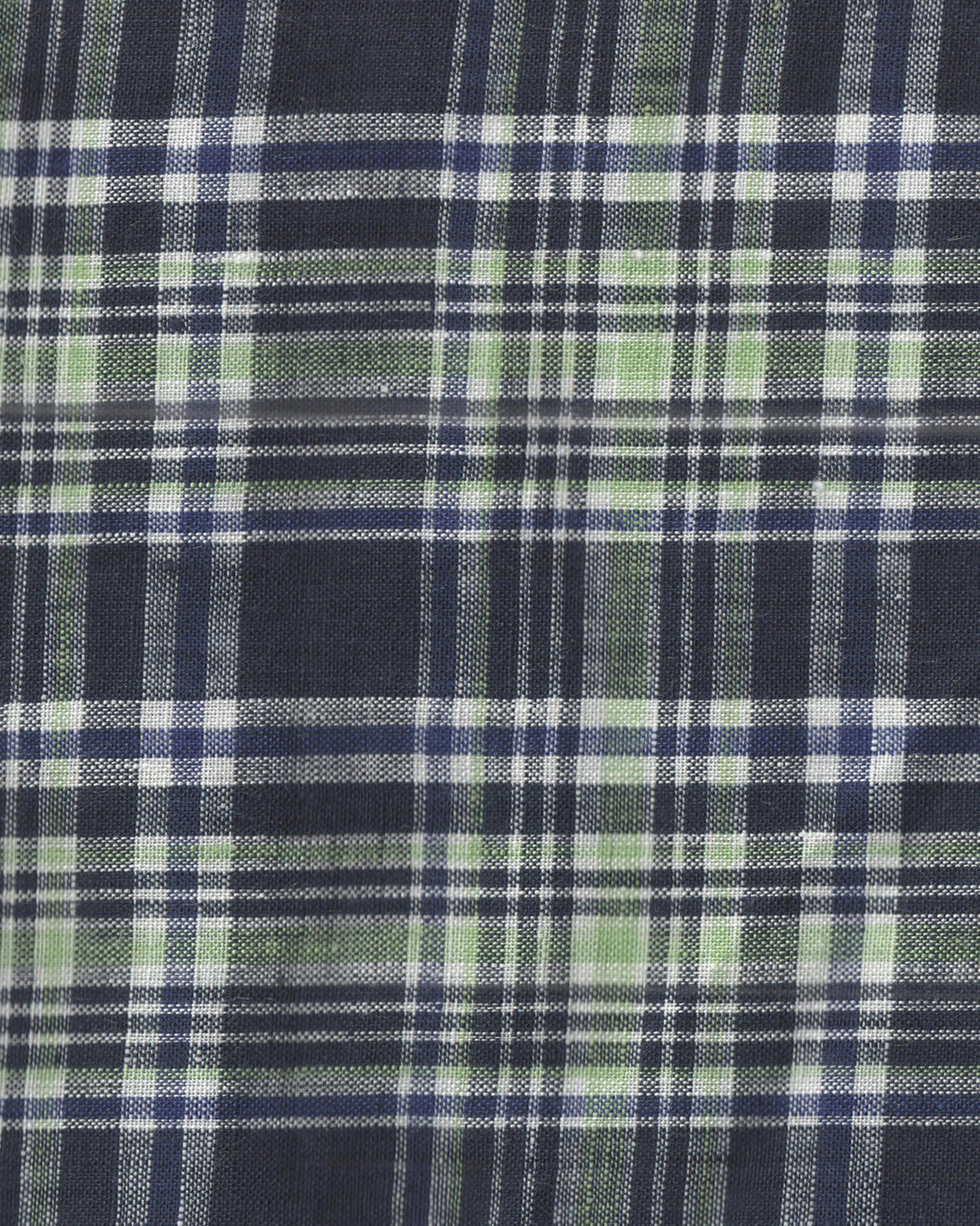 Close up view of custom linen shirt for men in navy green checks