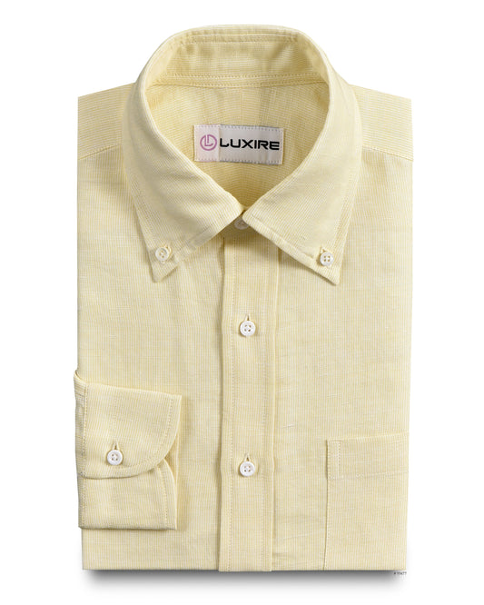 Front of the custom linen shirt for men in pastel yellow by Luxire Clothing