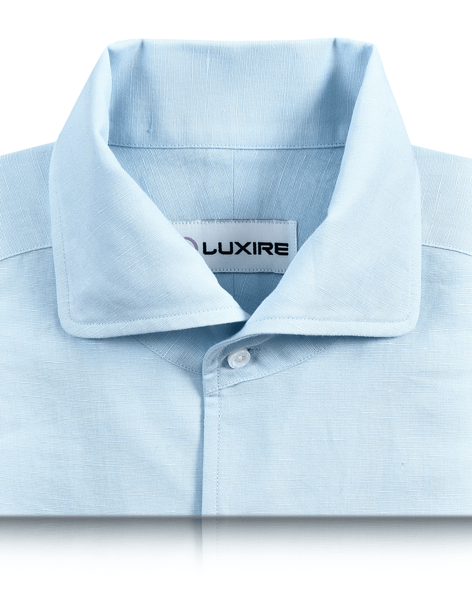 Collar of custom linen shirt for men in powder blue by Luxire Clothing