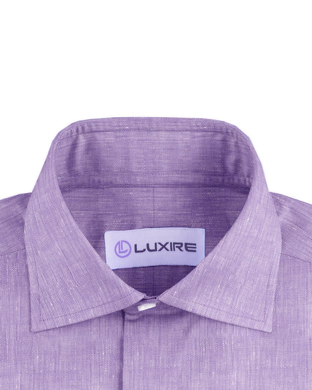 Collar of the custom linen shirt for men in purple chambray by Luxire Clothing