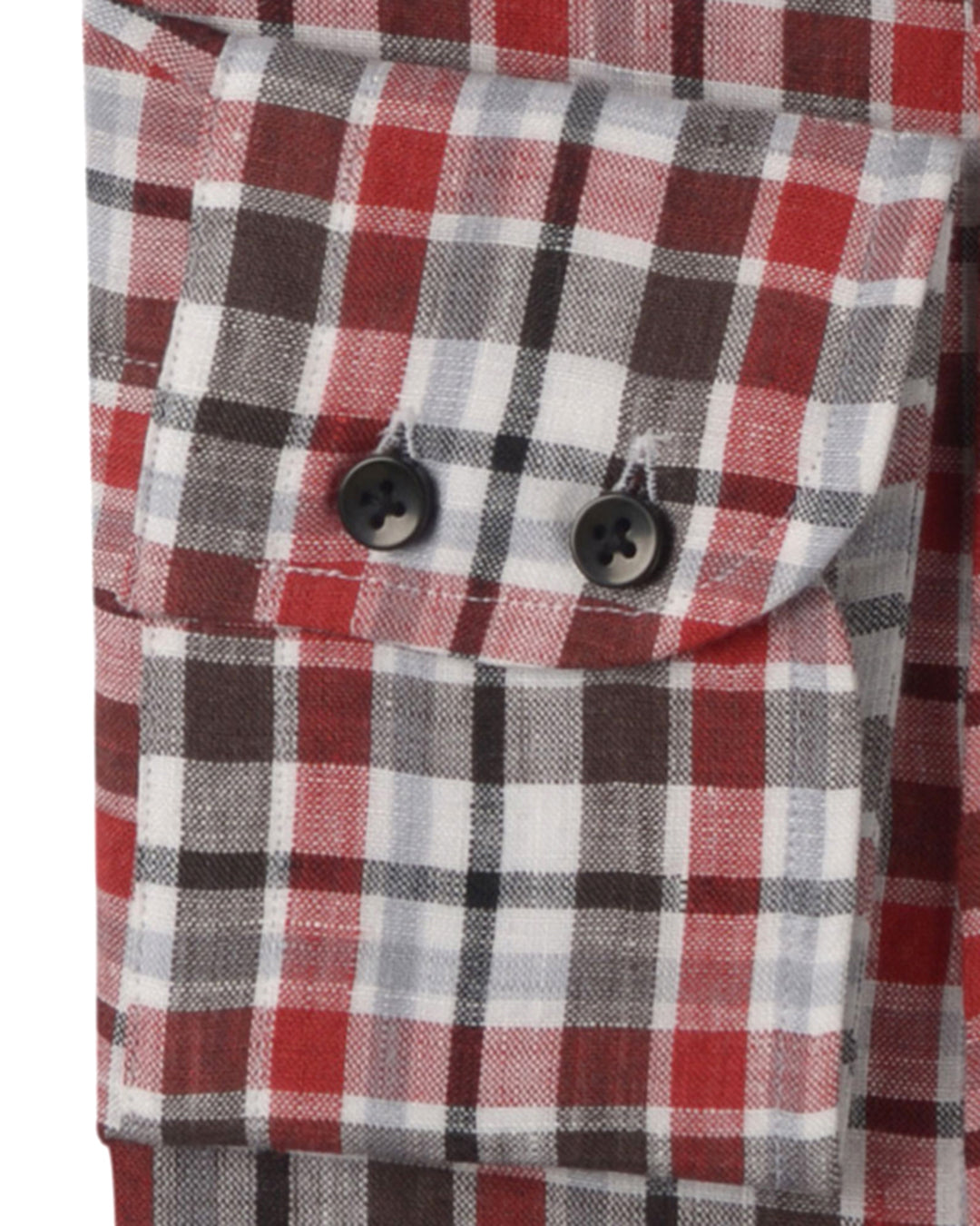 Cuff of custom linen shirt for men in red black white madras