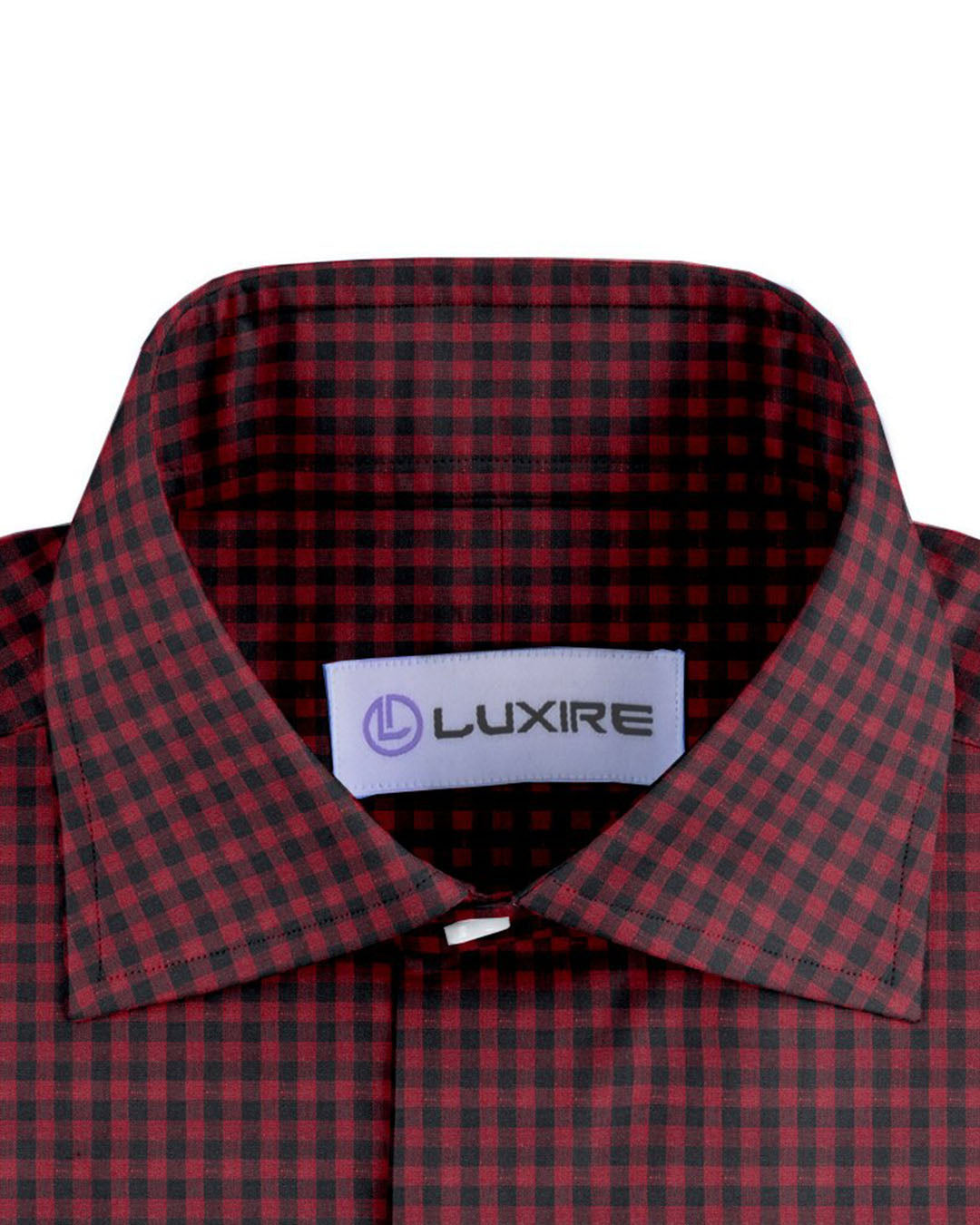 Collar of custom linen shirt for men in red and black checks by Luxire Clothing