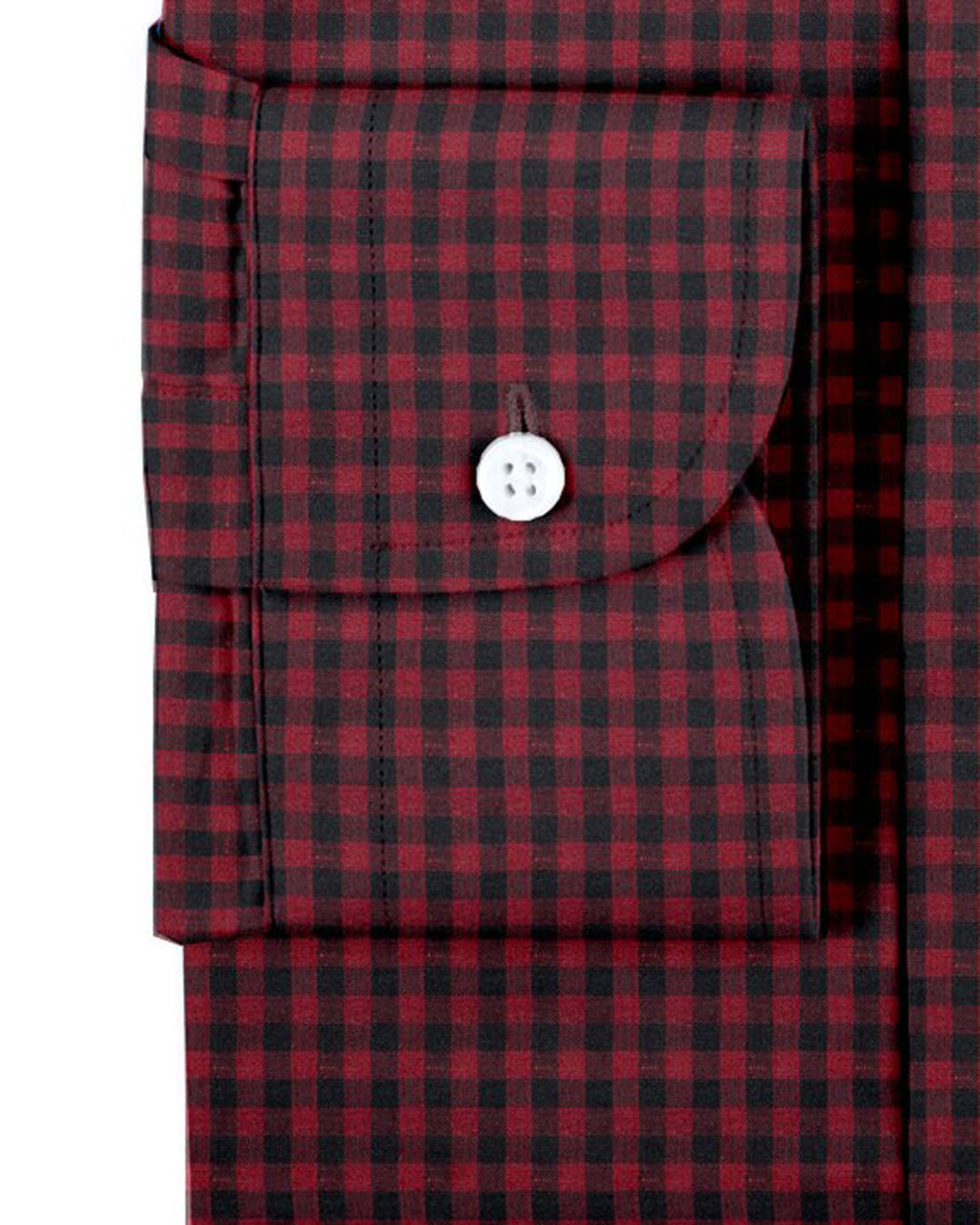 Cuff of custom linen shirt for men in red and black checks by Luxire Clothing