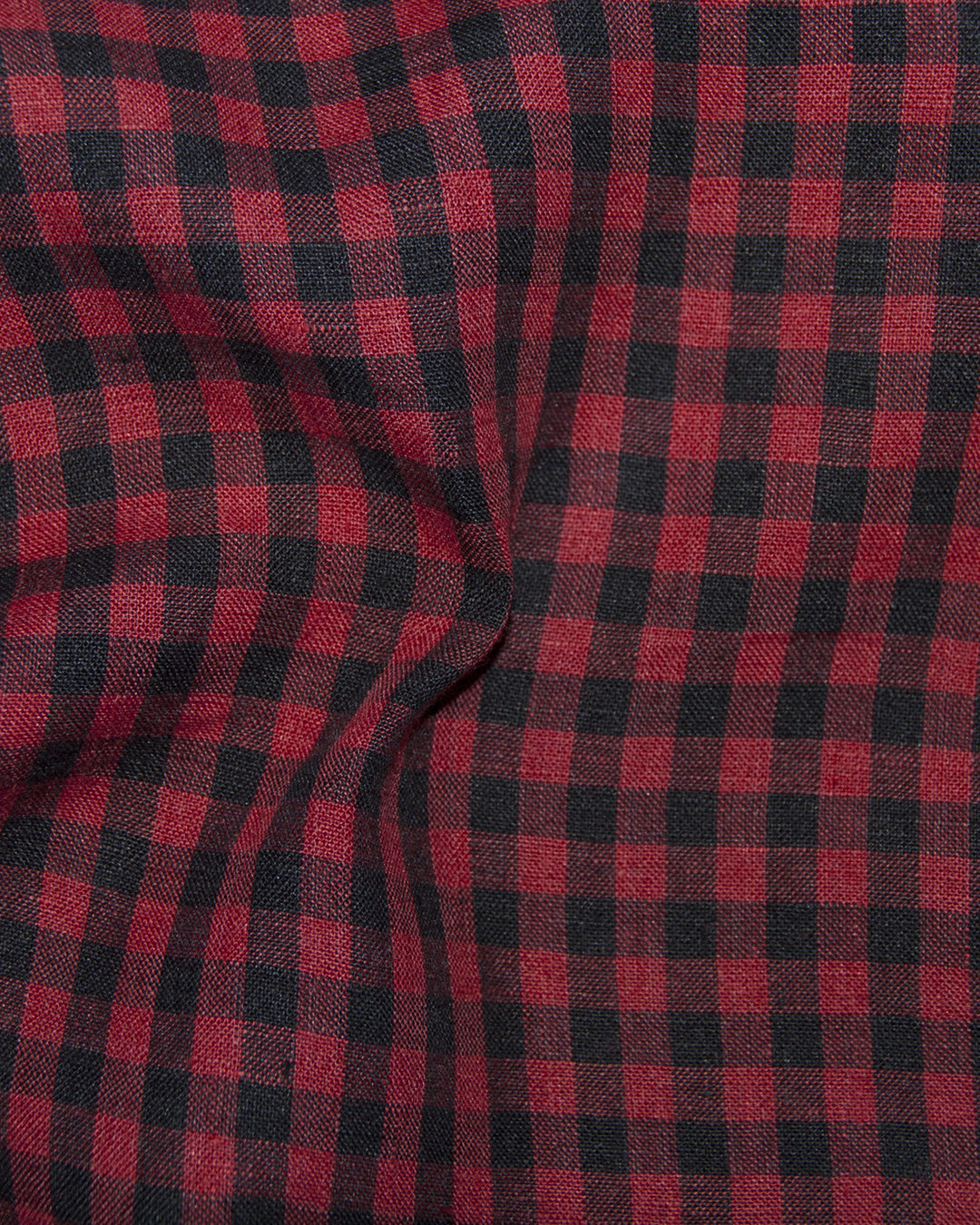 Close up of custom linen shirt for men in red and black checks by Luxire Clothing