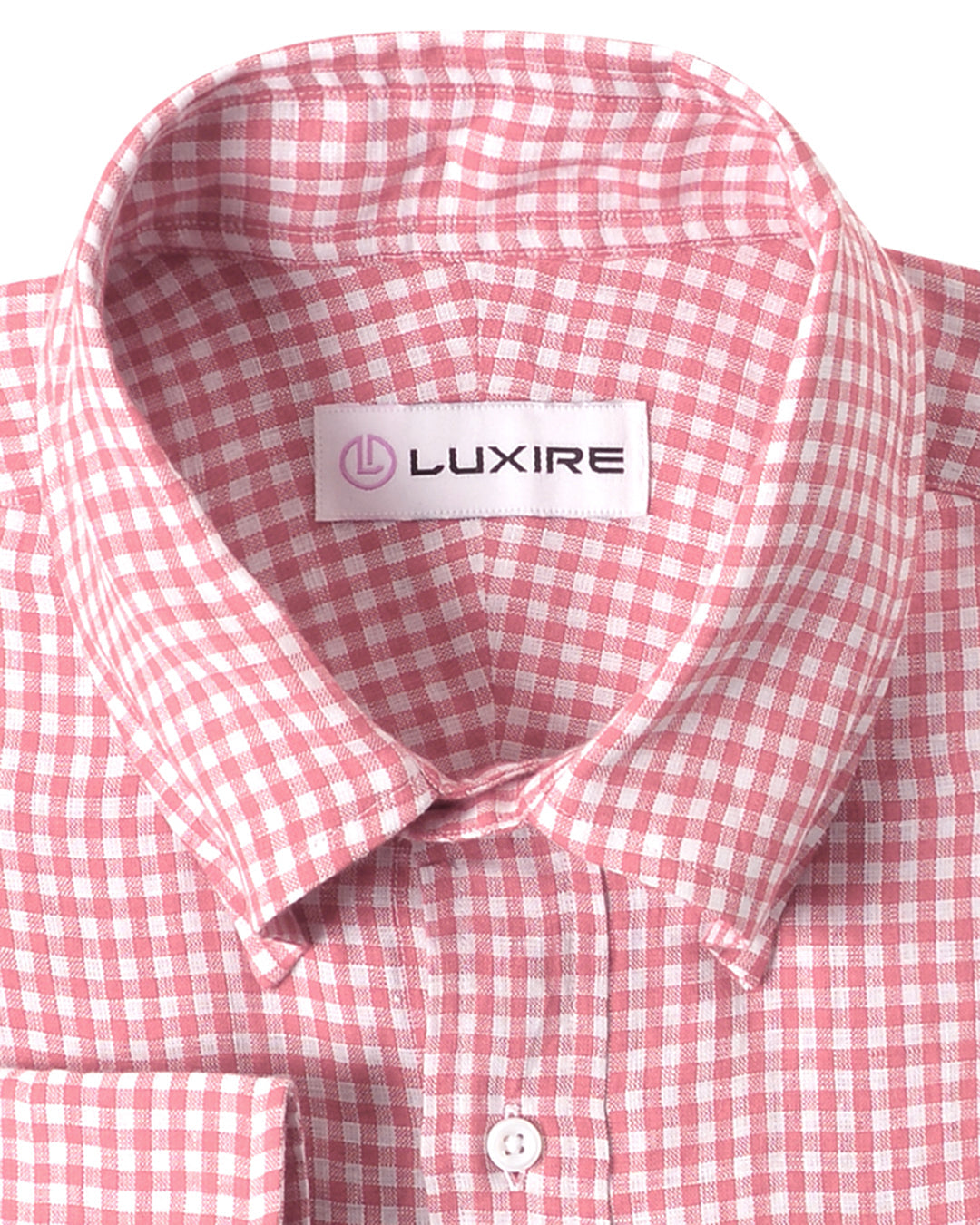 Collar of the custom linen shirt for men in pink salmon by Luxire Clothing