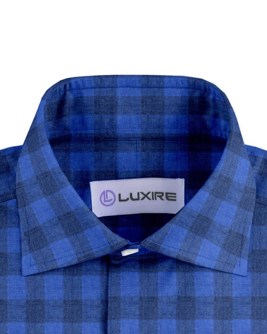 Collar of the custom linen shirt for men in shark blue by Luxire Clothing