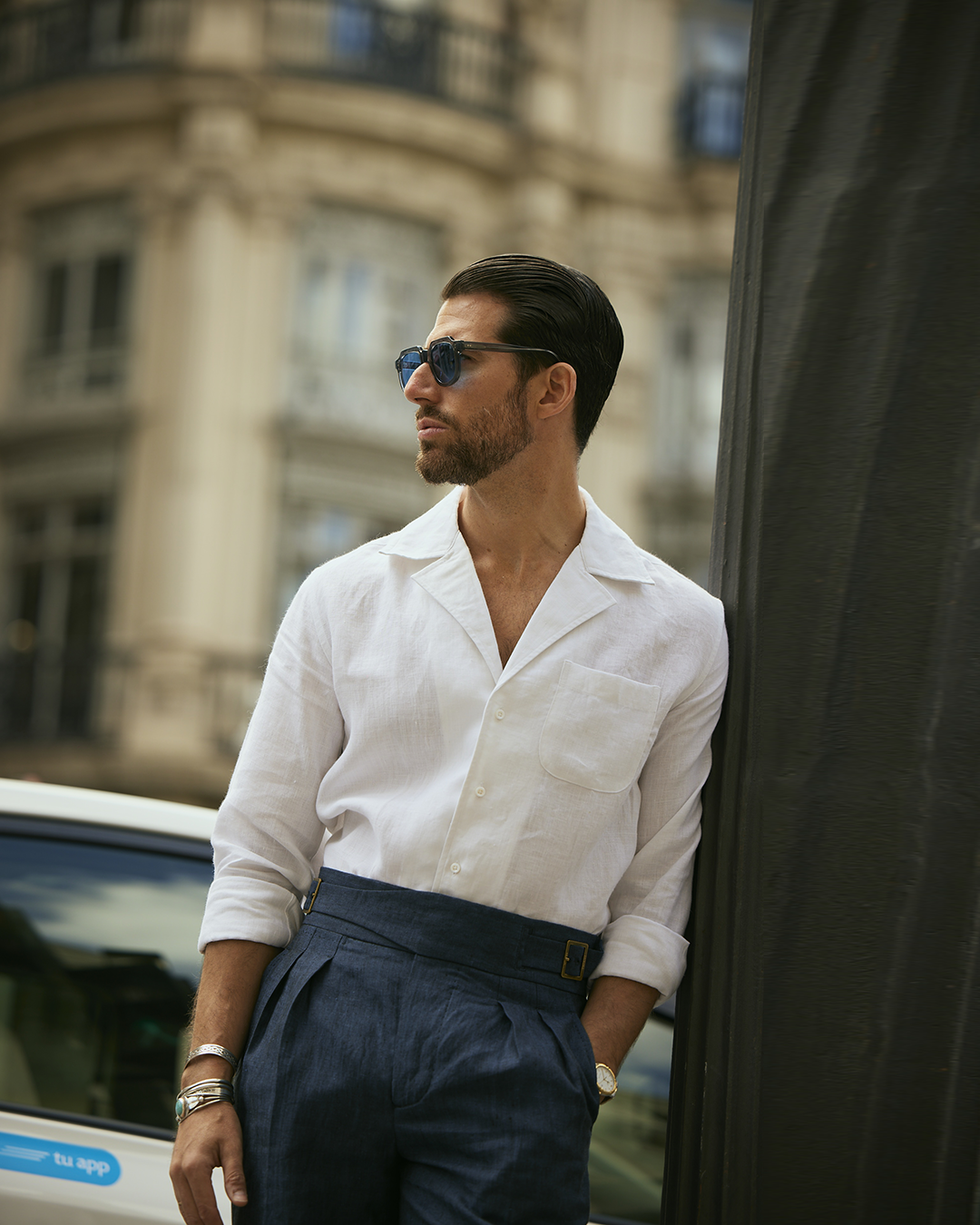 Model wearing the custom linen shirt for men in crisp white with collar by Luxire Clothing 2