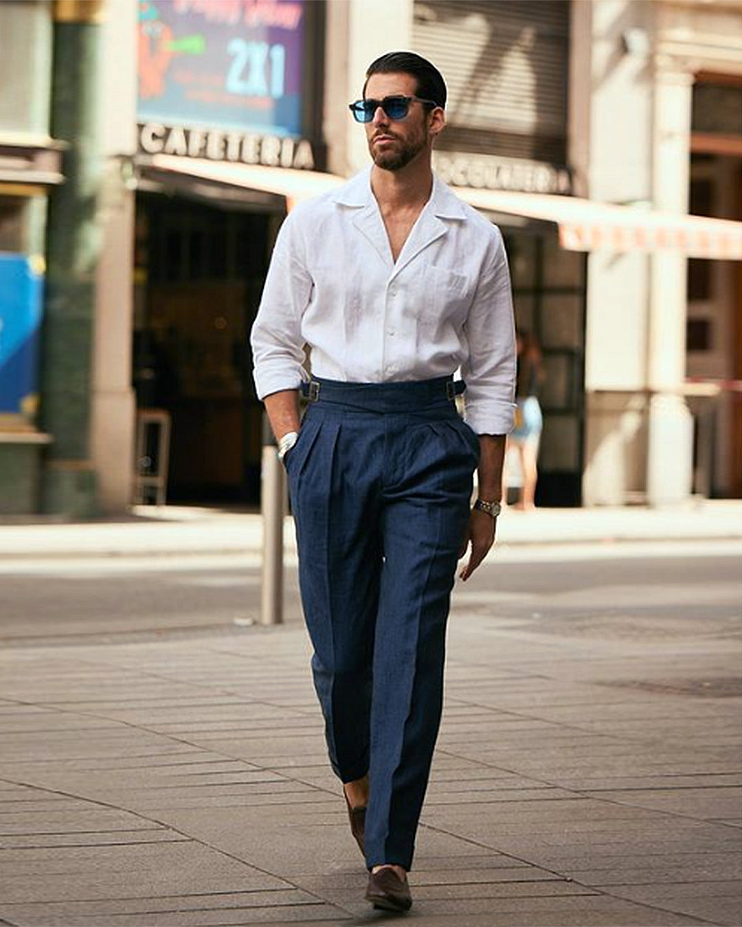 Model wearing the custom linen shirt for men in crisp white with collar by Luxire Clothing 3