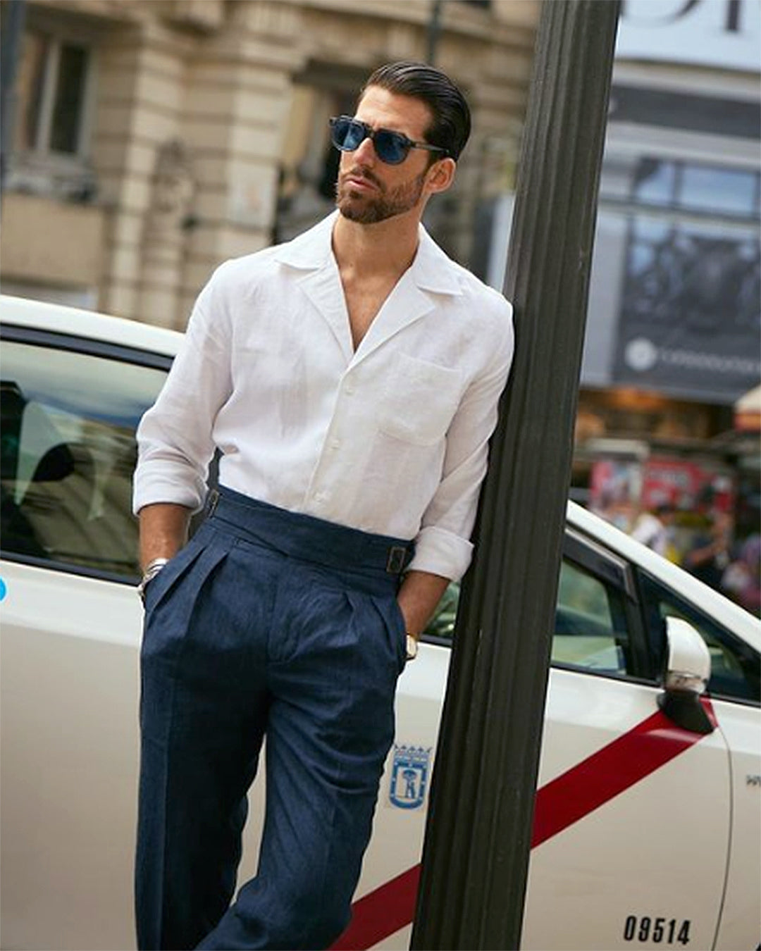 Model wearing the custom linen shirt for men in crisp white with collar by Luxire Clothing 5