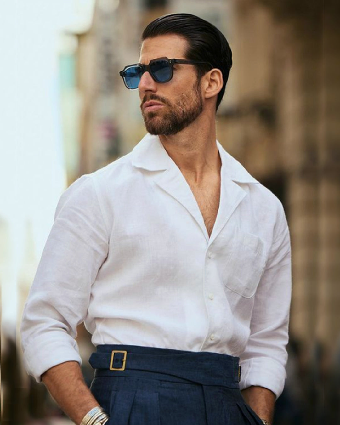 Model wearing the custom linen shirt for men in crisp white with collar by Luxire Clothing 6