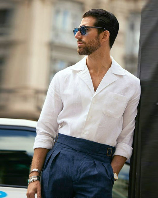 Model wearing the custom linen shirt for men in crisp white with collar by Luxire Clothing