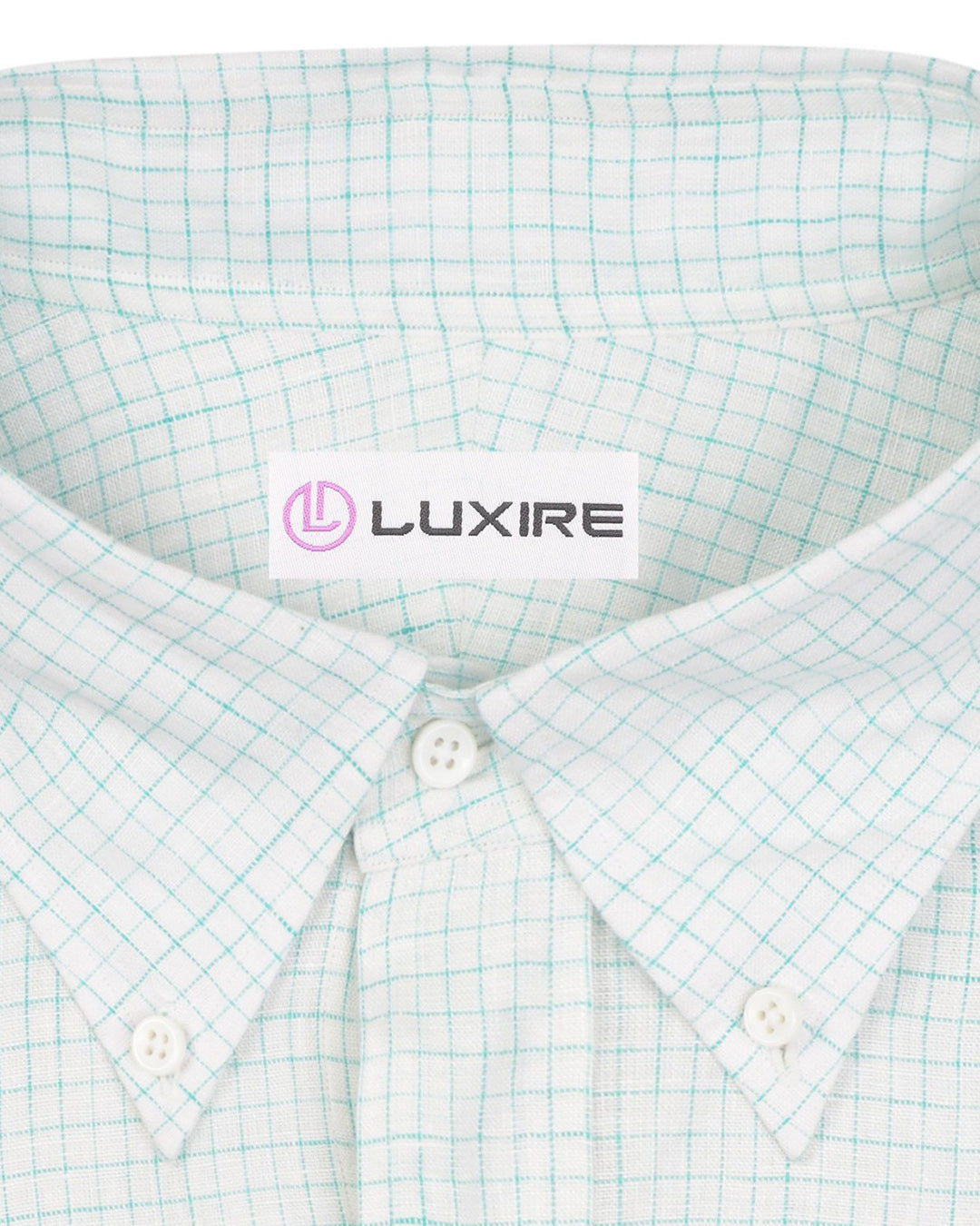 Collar of the custom linen shirt for men in turquiose and white graph by Luxire Clothing