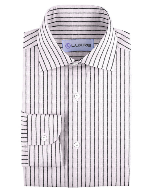 Front of the custom linen shirt for men in white and black pinstripes by Luxire Clothing