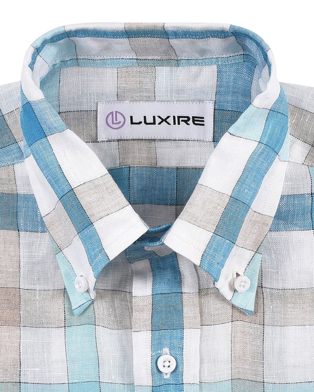 Collar of custom linen shirt for men in white blue ecru checks