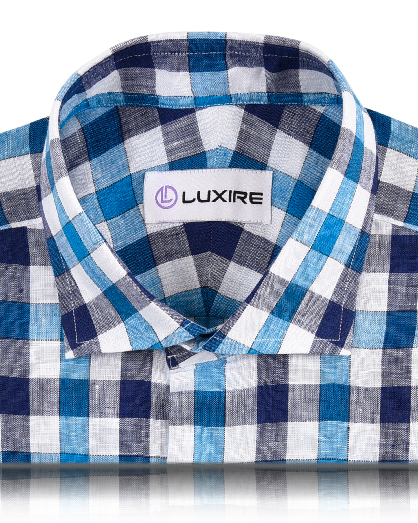 Collar of custom linen shirt for men in white blue navy gingham