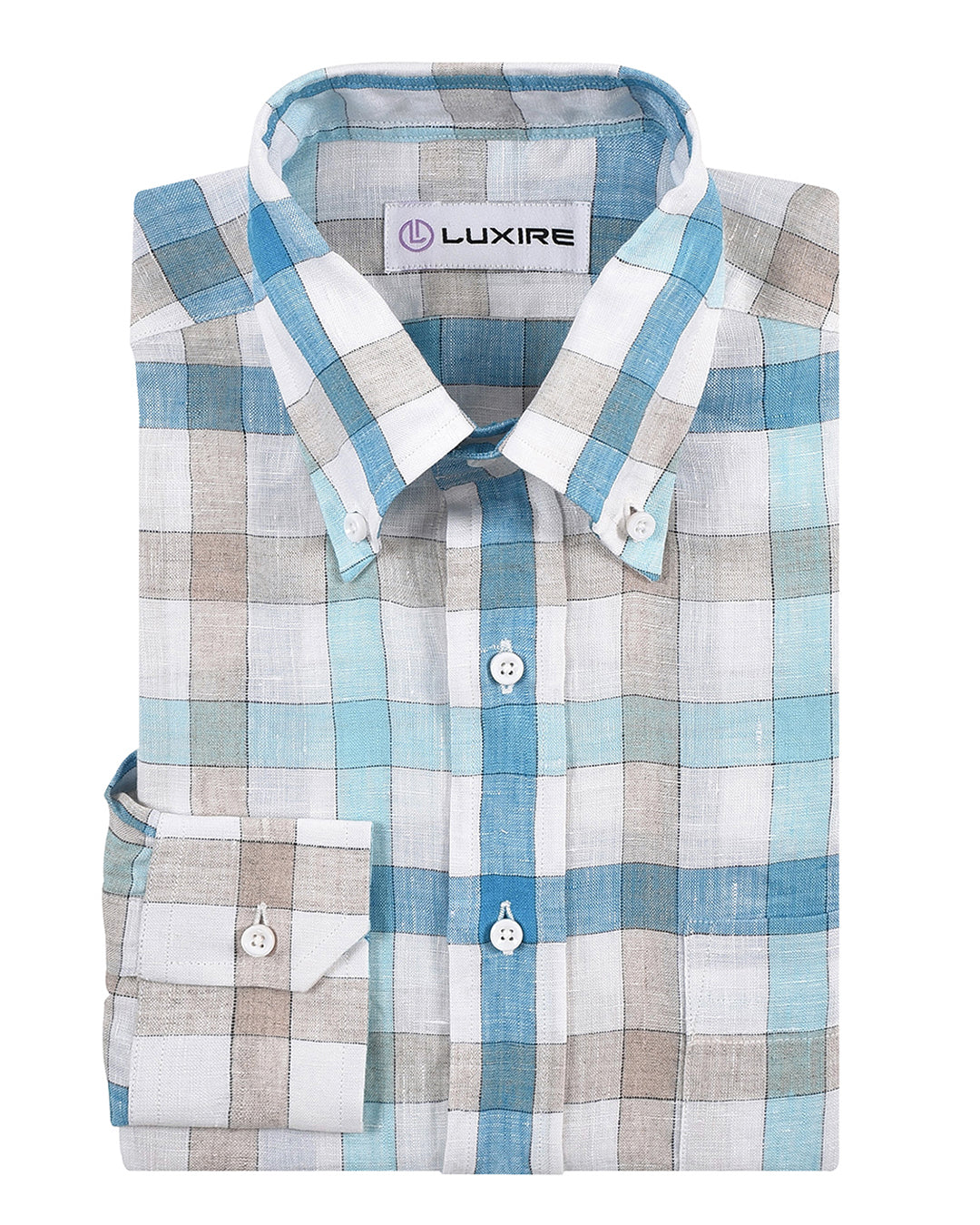 Front view of custom linen shirt for men in white blue ecru checks