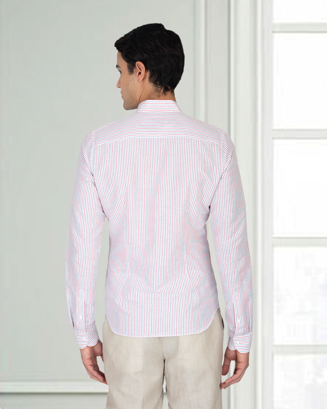 Cotton Linen: Red Blue Alternate stripes On White Shirt - 8