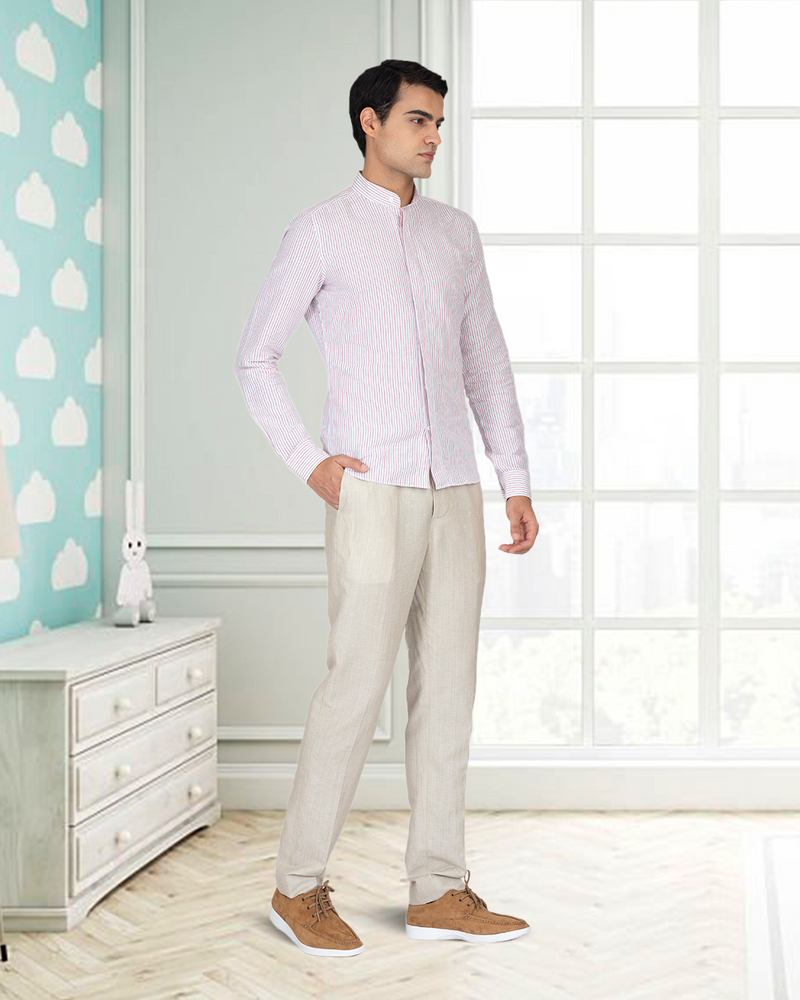 Cotton Linen: Red Blue Alternate stripes On White Shirt