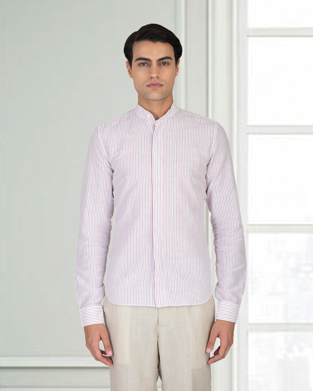 Cotton Linen: Red Blue Alternate stripes On White Shirt - 2