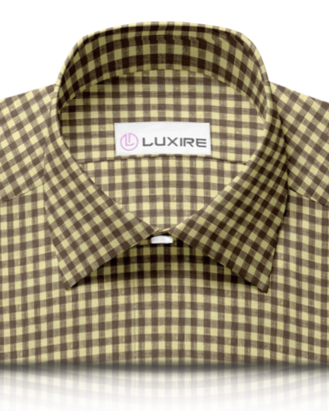 Collar of custom linen shirt for men in yellow and brown by Luxire Clothing