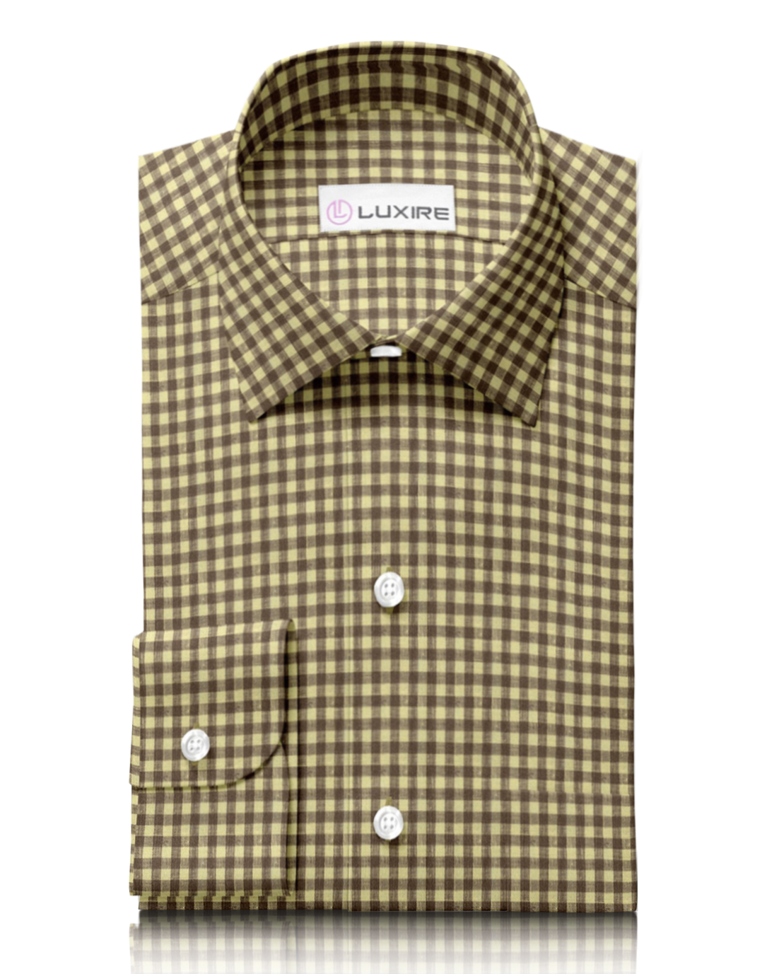 Front of custom linen shirt for men in yellow and brown by Luxire Clothing