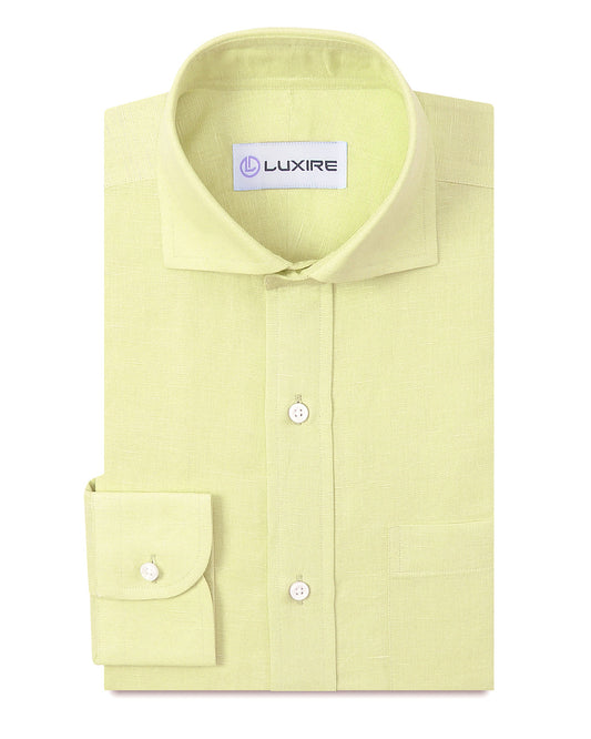 Front of the custom linen shirt for men in pale yellow by Luxire Clothing