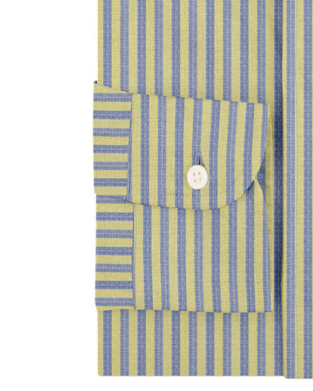 Cuff of custom linen shirt for men in yellow and blue dress stripes