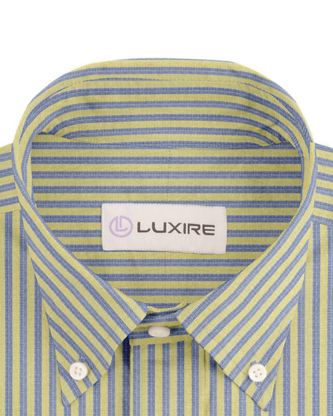 Collar of custom linen shirt for men in yellow and blue dress stripes