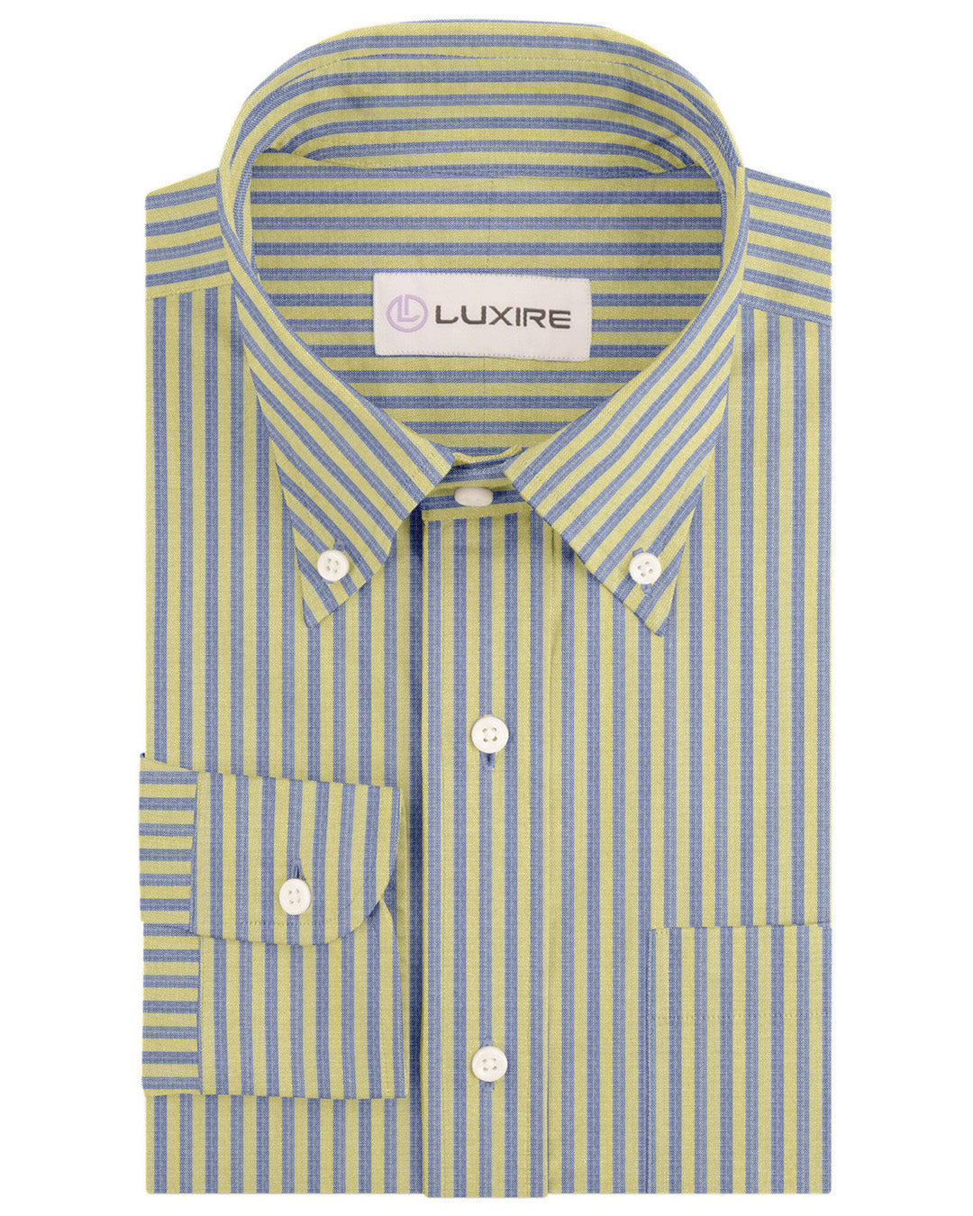 Front view of custom linen shirt for men in yellow and blue dress stripes