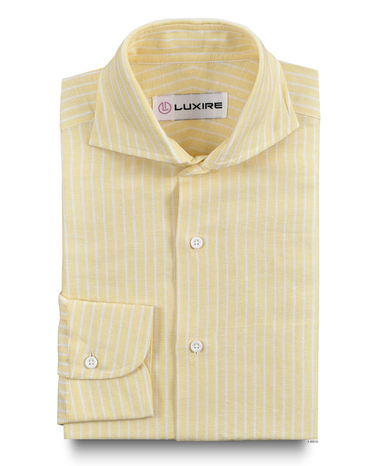 Front of the custom linen shirt for men in pastel yellow with white stripes by Luxire Clothing