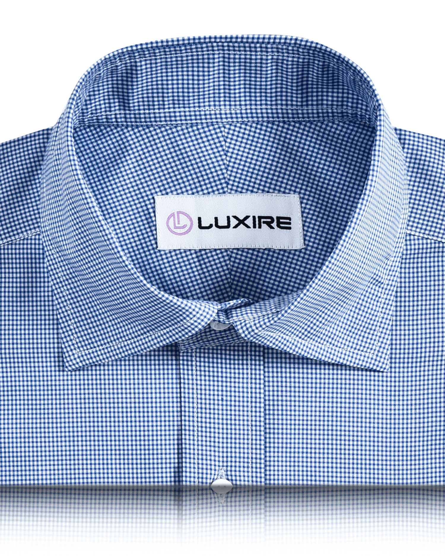 Front close view of custom check shirts for men by Luxire blue micro gingham