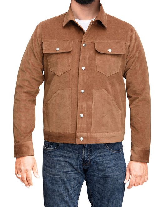 Model wearing the cord shirt jacket for men by Luxire in light brown