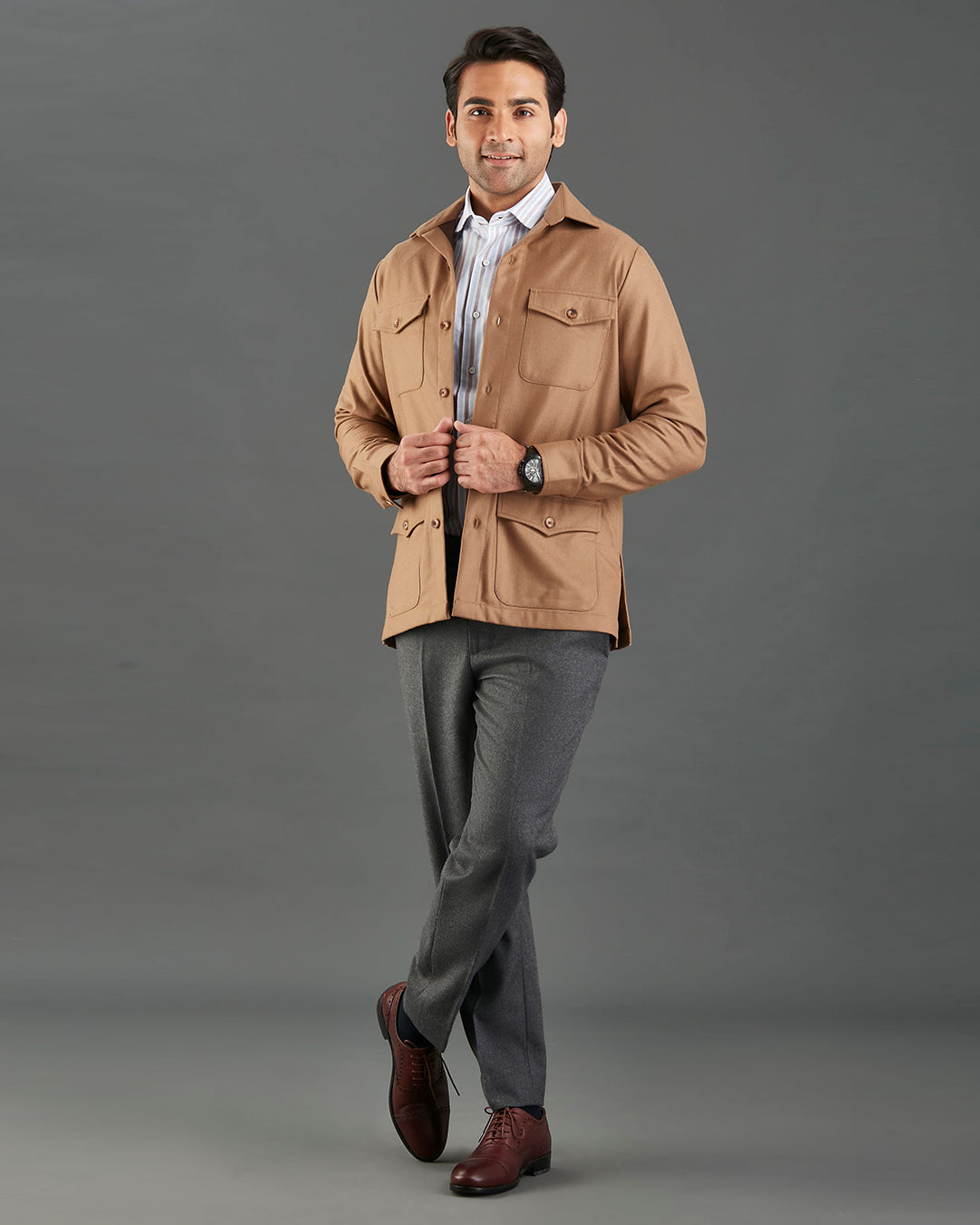 VBC: Sand Woolen Flannel Shirt Jacket - 4