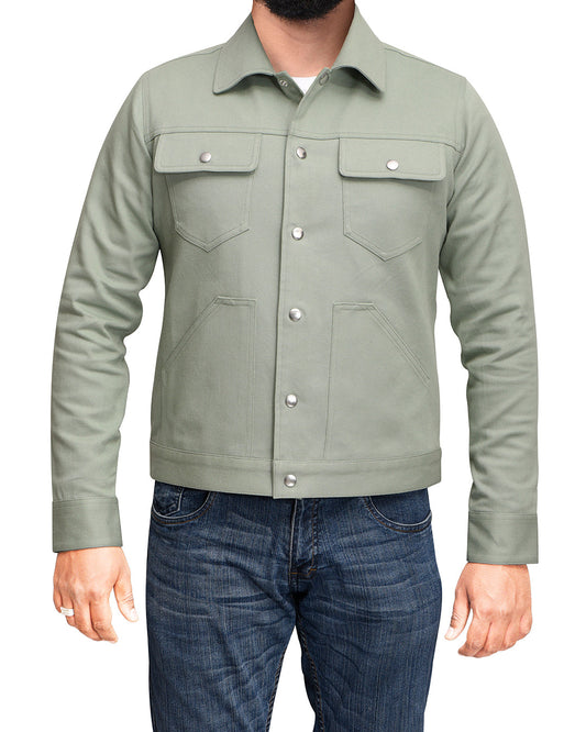 Front of model wearing the twill shirt jacket for men by Luxire in green