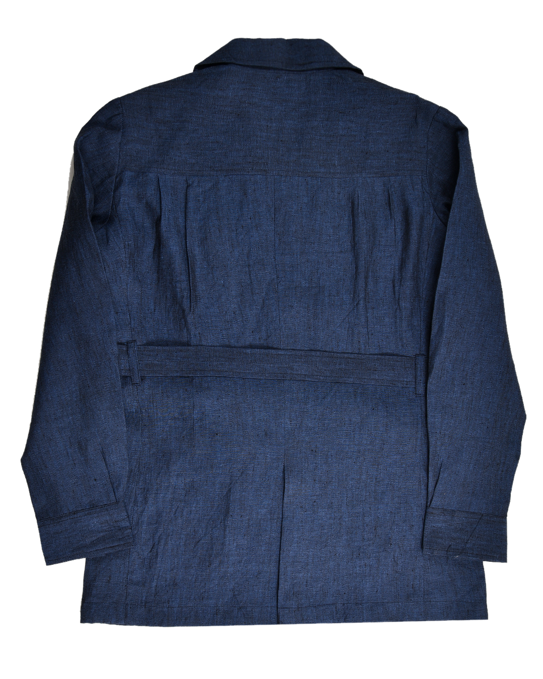 Back of the safari jacket in linen for men by Luxire in dark indigo