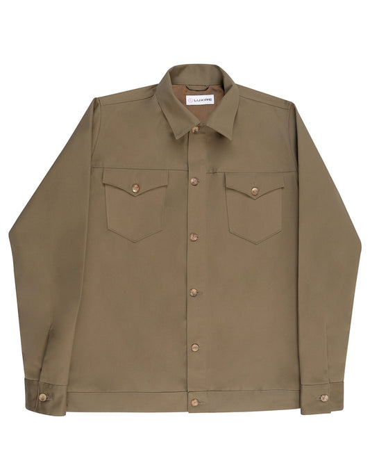 Front of the drab twill shirt jacket for men by Luxire