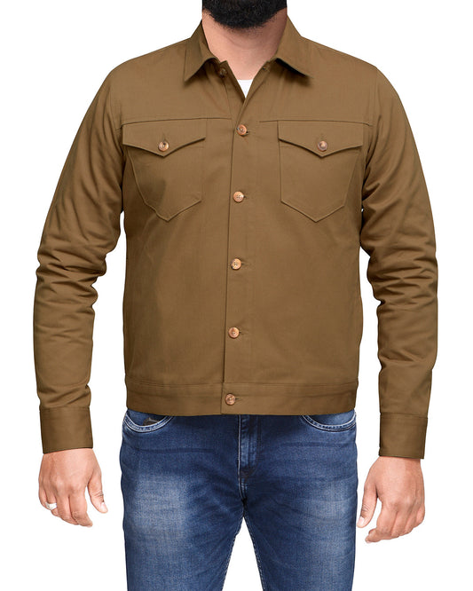 Model wearing the twill shirt jacket for men by Luxire in khaki