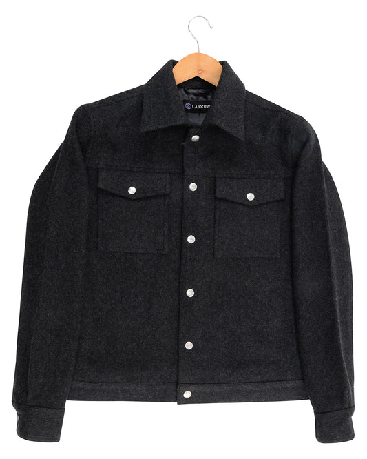 Front of the recycled wool shirt jacket for men by Luxire in charcoal grey