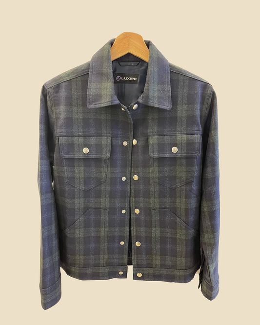 Front of the wool shirt jacket for men by Luxire in checks