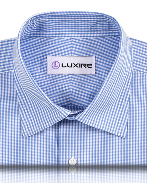 Front close view of custom check shirts for men by Luxire sky blue gingham