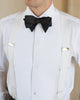 Model wearing the mens tuxedo shirt by Luxire called classic with black bow tie