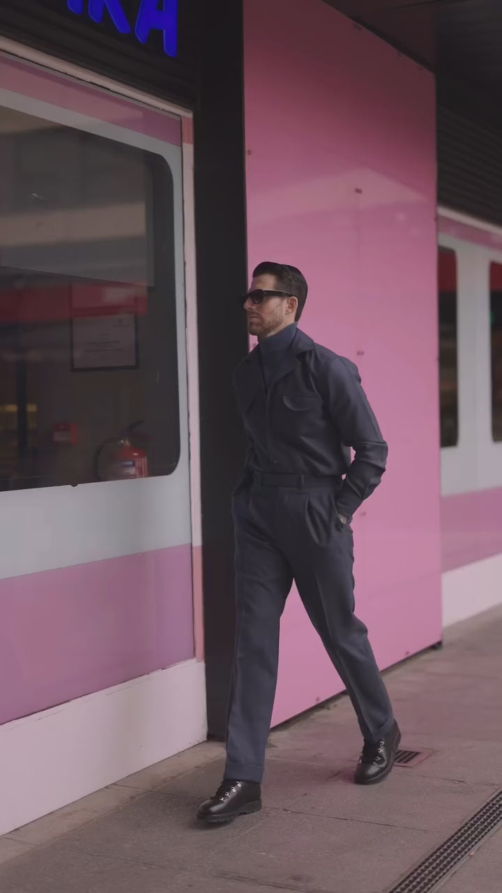 Pleated Dugdale Navy Blue Wool Flannel High Rise Dress Pant